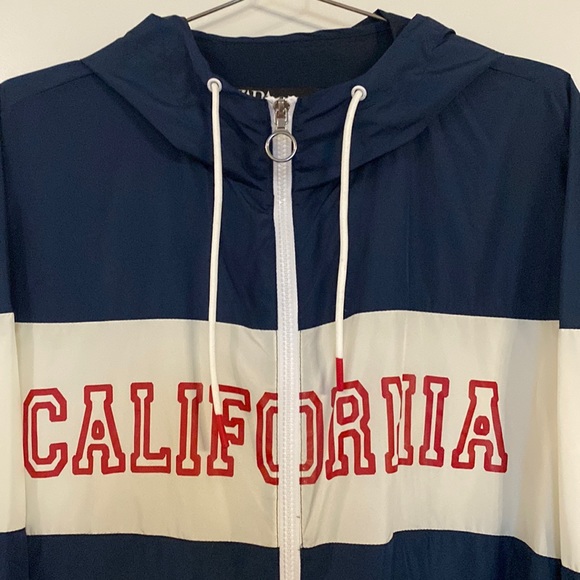 Zara Windbreaker Jacket Women US XS Oversized Zip Up Navy White Red Retro Cali - Picture 3 of 12